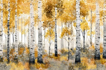 Watercolor painting forest landscape of birch trees in autumn.	