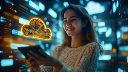 Smiling woman interacts with cloud data on a digital tablet