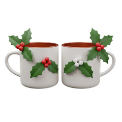 Pair of decorated holiday mugs with holly ornaments