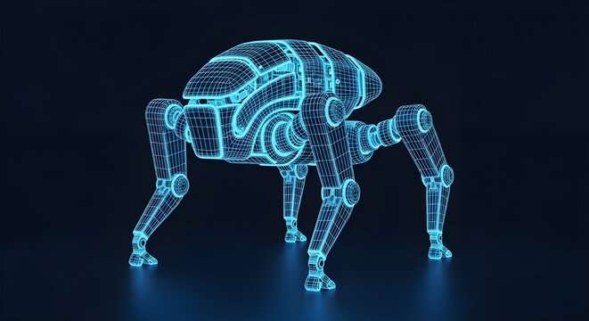 Spider-like robot wireframe in glowing blue neon on dark background futuristic technology