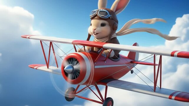 Adorable Bunny Pilot Soaring Through Clouds in a Vintage Biplane!
