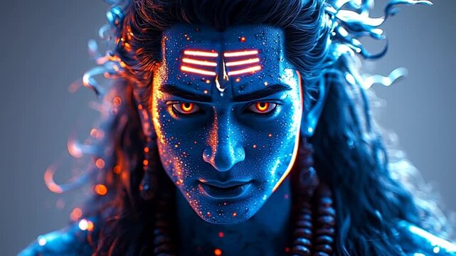 Ethereal Blue Deity with Fiery Third Eye and Glowing Markings