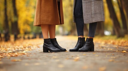 Obraz premium Women standing in a park in autumn. Focus on their fashionable ankle boots.