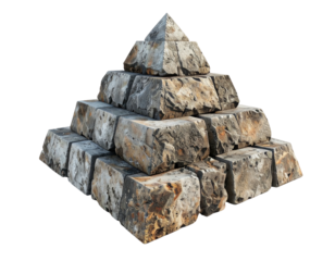 A three-dimensional pyramid constructed from layered, rough-hewn stone blocks