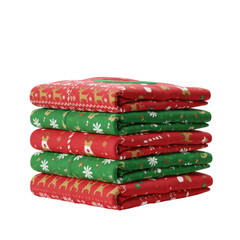 Stack of christmas sweaters displayed in festive patterned colors