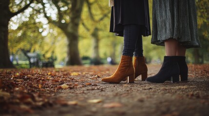 Women standing in a park in autumn. Focus on their fashionable ankle boots.