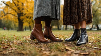 Women standing in a park in autumn. Focus on their fashionable ankle boots.