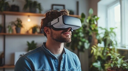 Man enjoying an immersive virtual reality experience at home