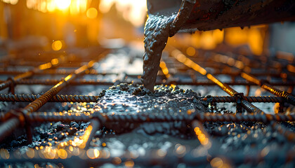 Concrete Pouring Process: Witness the captivating moment of concrete cascading onto a grid of steel reinforcement bars, a visual symphony of construction and industry.