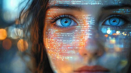 A Woman's Blue Eyes Reflecting Digital Code in Cyberspace