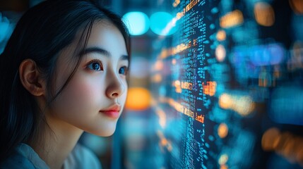 Young Asian woman programmer analyzing digital code concept