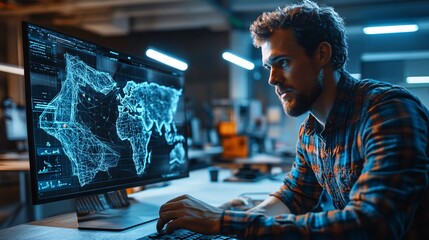 Male Analyst Reviews Global Data on a Digital World Map