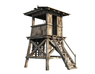 Wooden watchtower, weathered and rustic, with a small, elevated, enclosed lookout area, and exterior wooden stairs