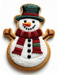Fototapeta premium Festive Snowman Cookie with Icing and Red Scarf on White Background