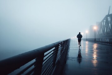 Man jogging on urban bridge in early morning fog