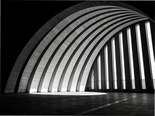 Fototapeta premium Dramatic Interior View of Arched Structure with Light Streaming Through Vertical Windows