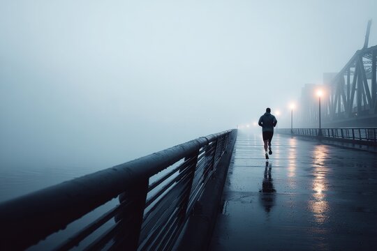 Man jogging on urban bridge in early morning fog