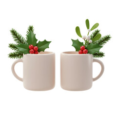 Two pastel pink christmas mugs decorated with holly and pine branches