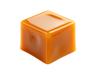 A glossy, caramel-colored cube candy