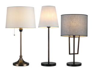 Three table lamps with fabric shades in various colors and styles