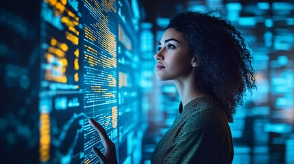 Woman programmer analyzing code on a futuristic display