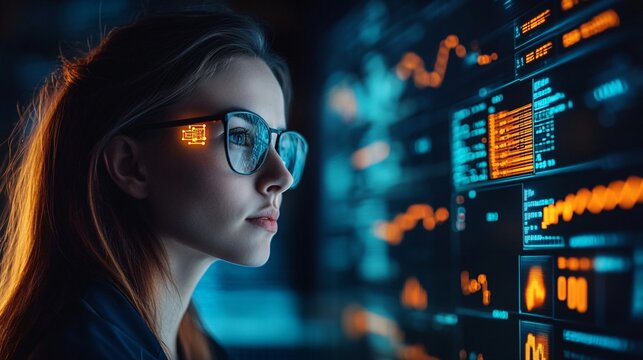 Businesswoman examines holographic financial data charts - Powered by Adobe