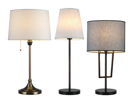 Three table lamps with fabric shades in various colors and styles