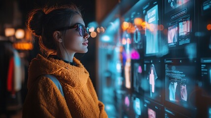 Woman exploring digital fashion on an interactive screen