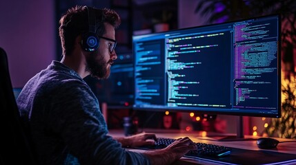 Professional Programmer Coding on a Desktop Late at Night