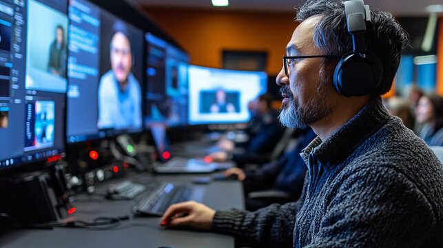 Male broadcast engineer working in a modern studio