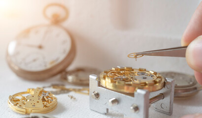 Watchmaker workshop. Mechanical watch repair process