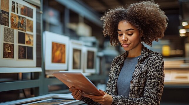 Curator thoughtfully selecting art for a gallery exhibition