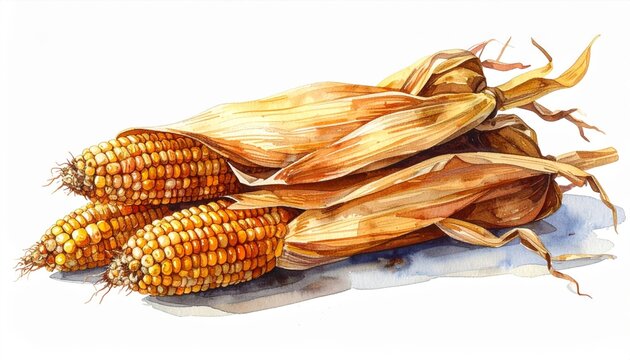 Watercolor Illustration of Pile of Yellow Corn Cobs with Husk Isolated on White