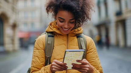 Smiling woman traveler using a tablet map in the city