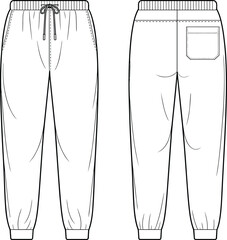 Technical flat sketch jogger pants front back view, fashion design template, apparel illustration, elastic waistband drawstring, tapered leg, pocket detail
