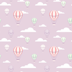 Seamless vector pattern with hot air balloons and clouds in pastel colors