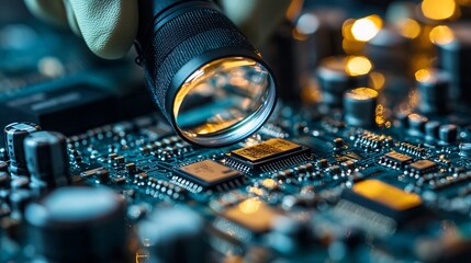 Technician analyzing a complex electronic circuit board