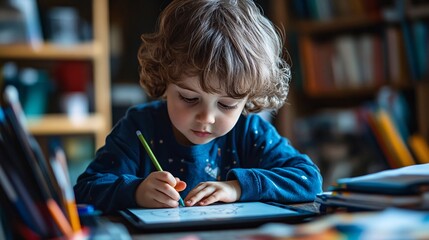 A young creative child drawing intently at a desk