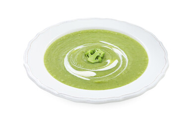 Tasty broccoli cream soup isolated on white