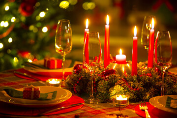 beautifully decorated Christmas table with candles and glasses near the Christmas tree