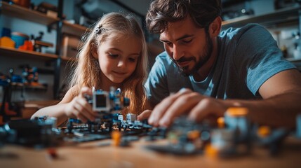 Father and daughter building a robot together in workshop