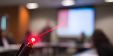 Laser pointer focusing on business presentation screen in meeting