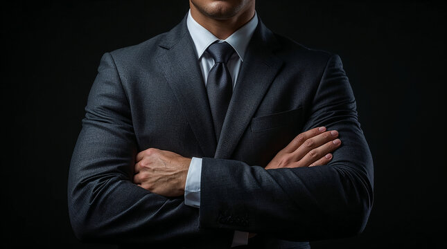 Close-up of a confident professional man against a dark background, highlighting his torso and face, conveying power, executive presence, professionalism, seriousness, commanding, intense expression