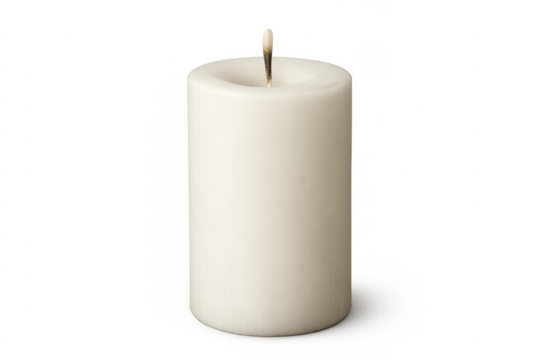 White pillar candle with extinguished wick and transparent background