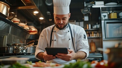 Male Chef Using Digital Tablet in a Busy Restaurant Kitchen