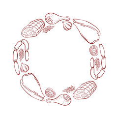 Circular frame of assorted meat product, sausage, ham, chicken, drumstick, garlic, onion and herbs on a white background in line art style.