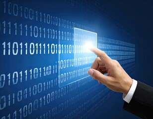 A hand touching a glowing digital interface filled with binary code