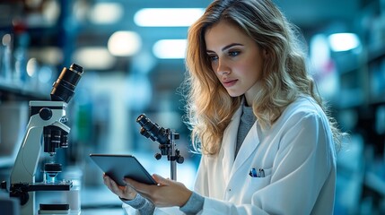 Female Scientist Using Tablet and Microscope in Laboratory