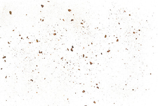 Pieces and dust of tree bark with sand flying, isolated on white background and texture, clipping path	