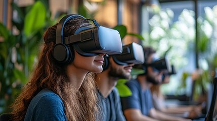 Smiling woman and colleagues exploring virtual reality